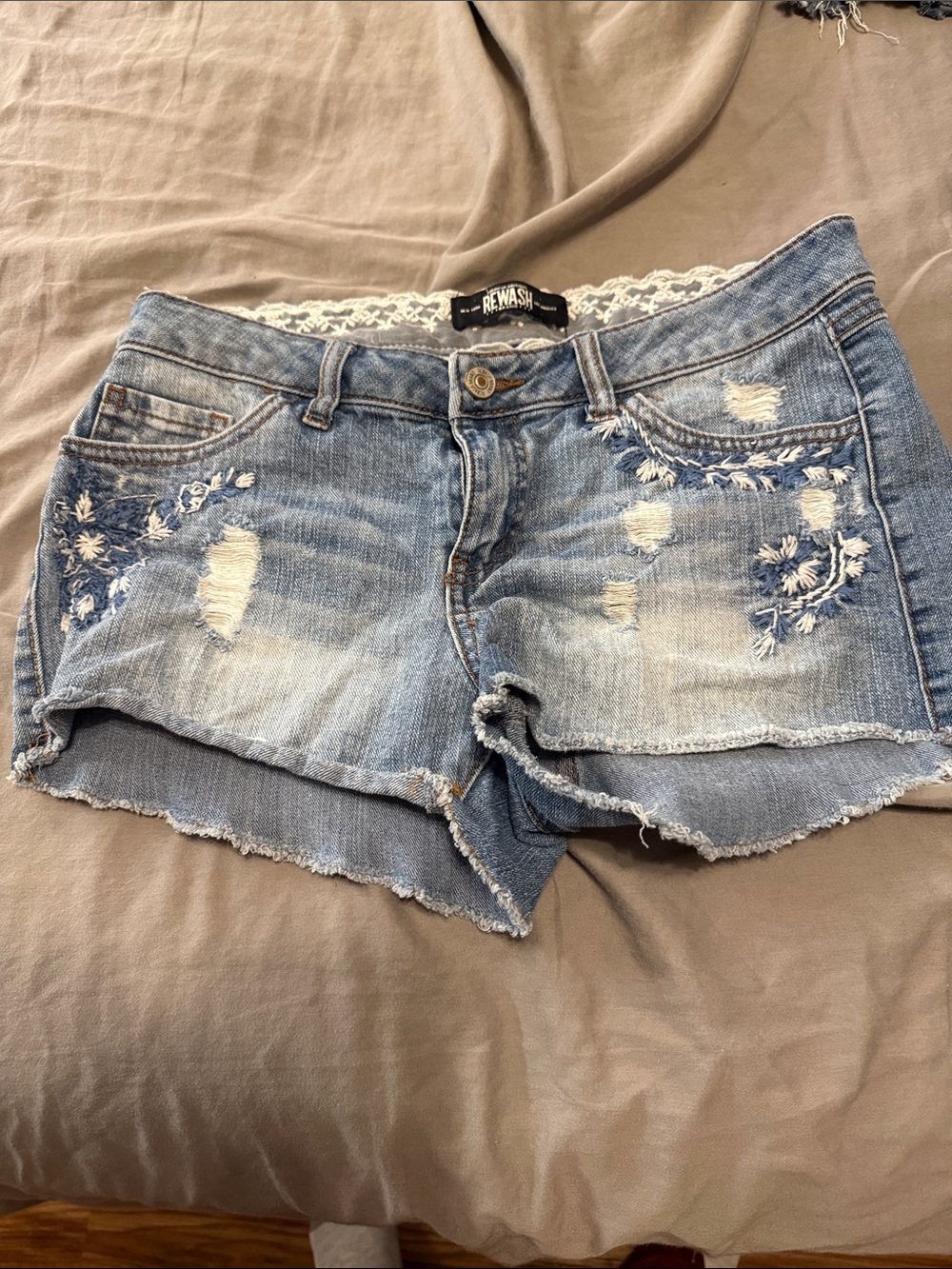 Rewash Light Blue Embroidered Distressed Denim Shorts